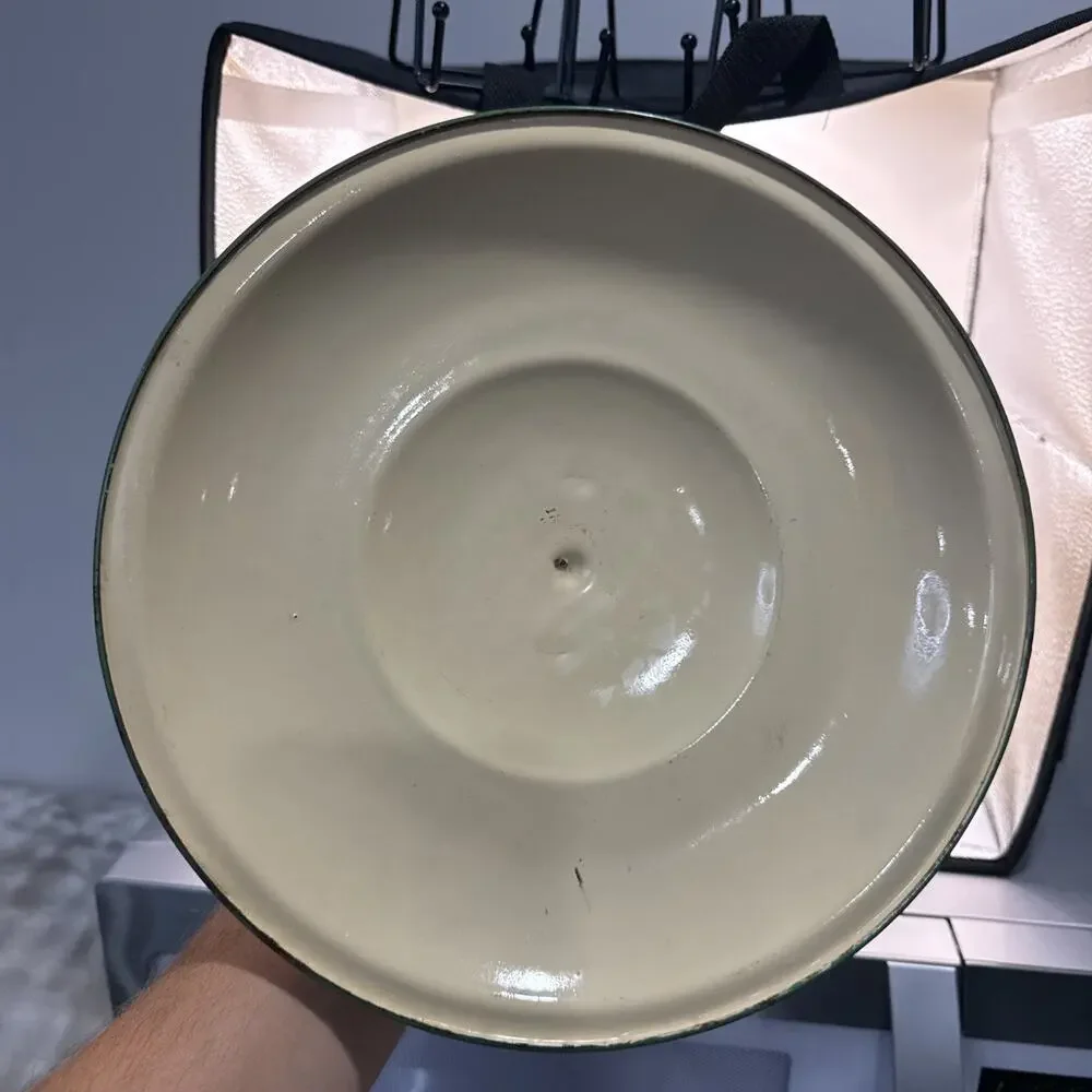 Vintage Cream And Green Enamel Cast-Iron Dutch Oven With Lid